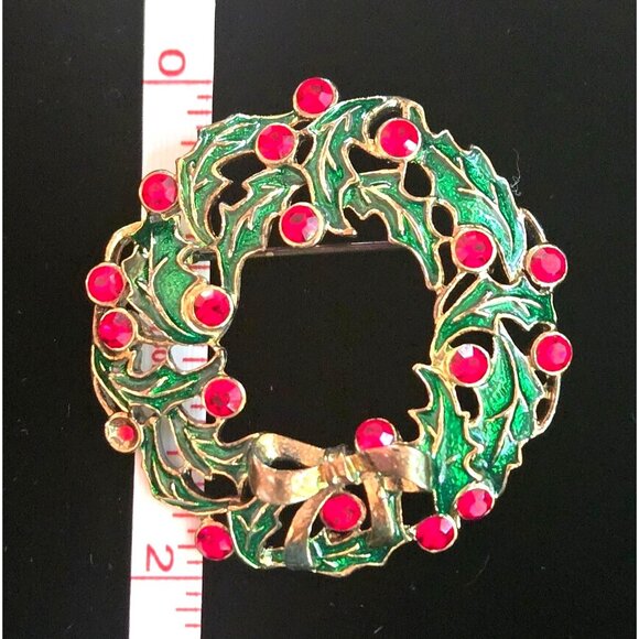 Eisenberg Ice Christmas Wreath Brooch Vintage Green & Red Rhinestones Gold-Tone - Picture 8 of 9
